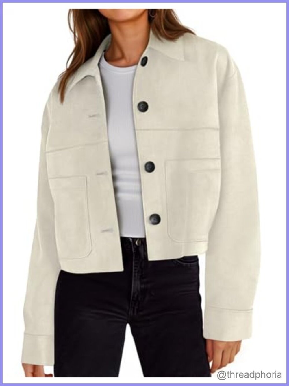 Faux Suede Cropped Jacket Button Utility Pockets Collared Coat